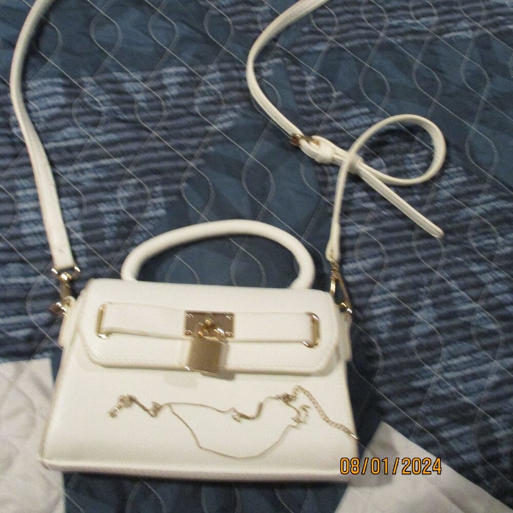 White Mini Bag/ faux gold lock with matching white gem encrusted key necklace